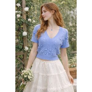 CISTAR New York Women's M Cropped Blue Crochet Knit V-Neck Top Cottage-core NWT